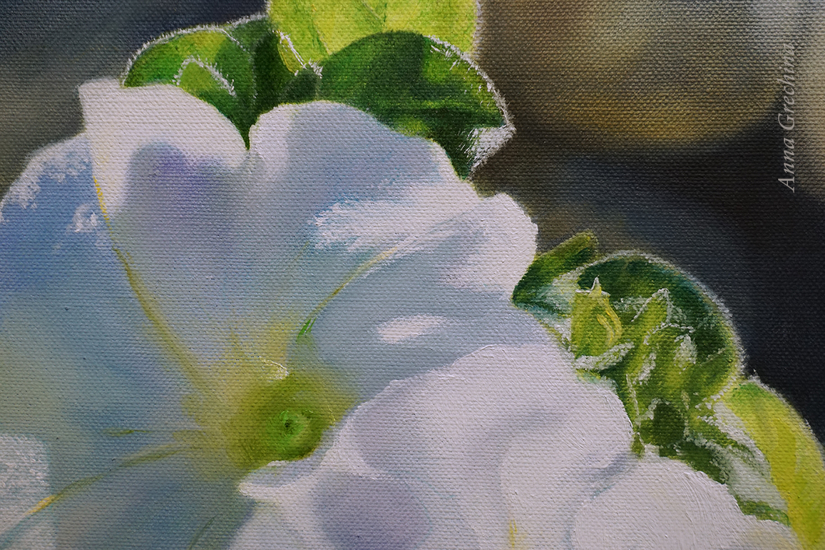 "White Petunias" Still life. Grechina Anna painting, flowers, photorealism.