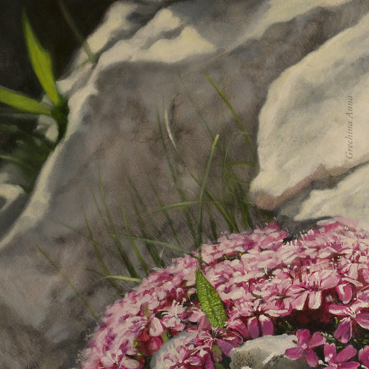 "Flowers on the rocks", still life. Grechina Anna painting, photorealism.