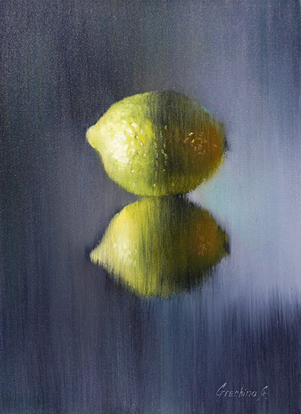 "Lemon and reflection". Still-life. Artist Anna Grechina, painting.