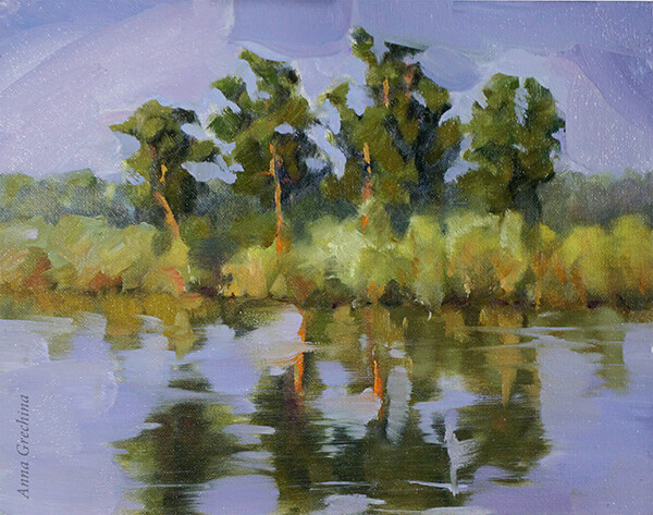 On the other side of the river Desna. Landscape. Artist Anna Grechina, painting.