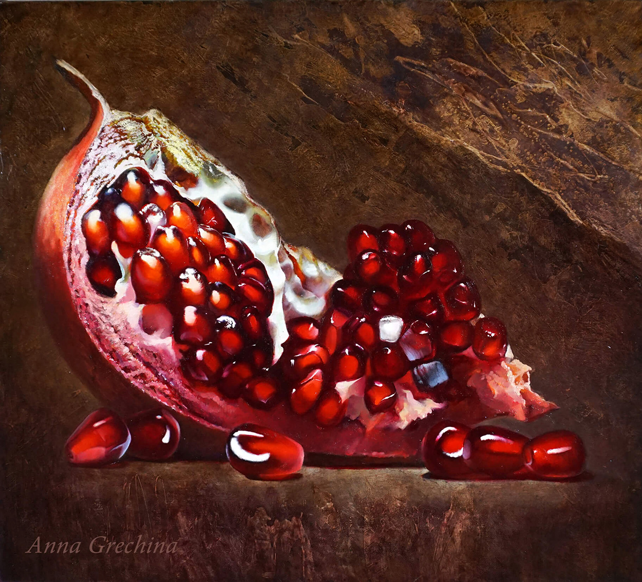 Ruby stones. Still life with pomegranate. Artist Anna Grechina, painting.